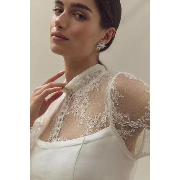 BHLDN High Neck Lace Fit & Flare Mini Skirt Dress Long Sleeves Size 2 Ivory - Picture 2 of 4